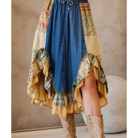 Dresses & Skirts - #201 Boho Denim Pattern Ruffle Midi Skirt